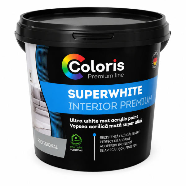 Vopsea acrilică mată super albă COLORIS Premium Line Superwhite Interior, 1.4 kg